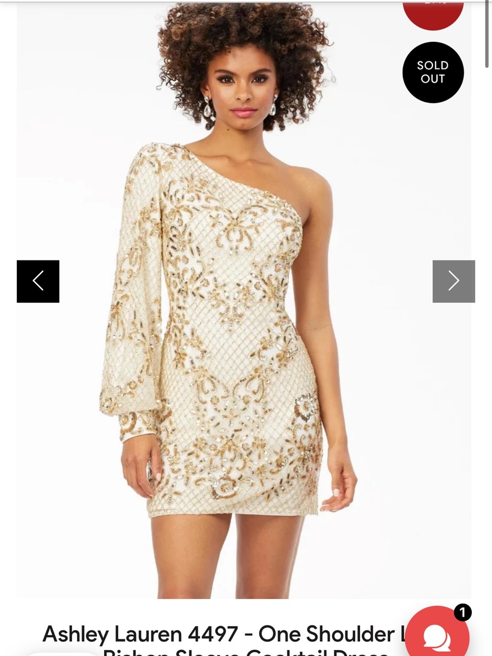 Ashley Lauren One-Shoulder Cream and Gold Sequin Cocktail Dress